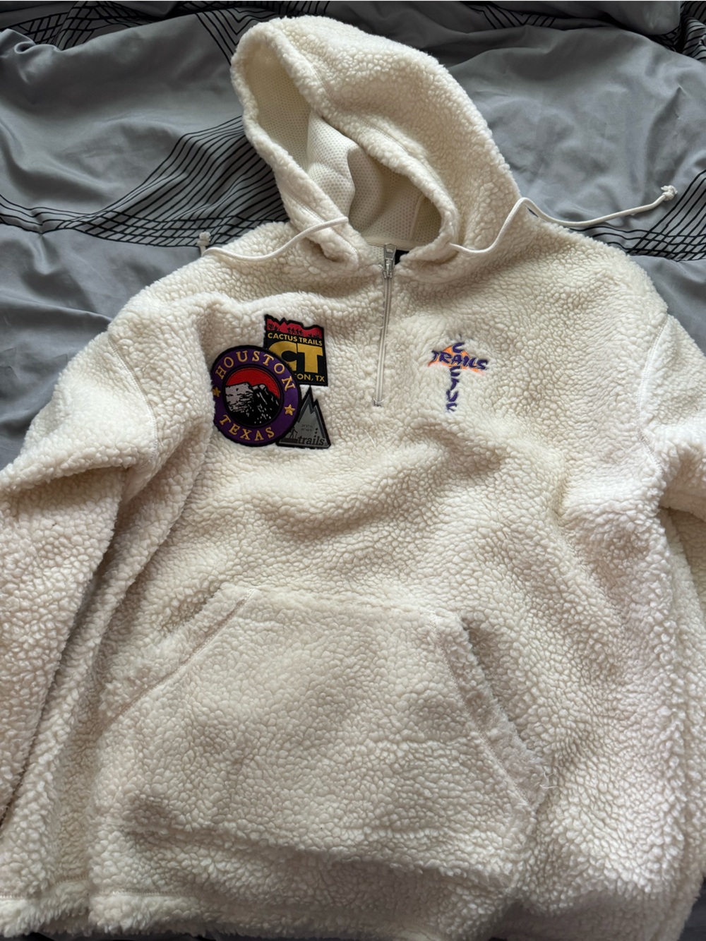 Travis Scott Cream Sherpa Hoodie with Multicolor Patches